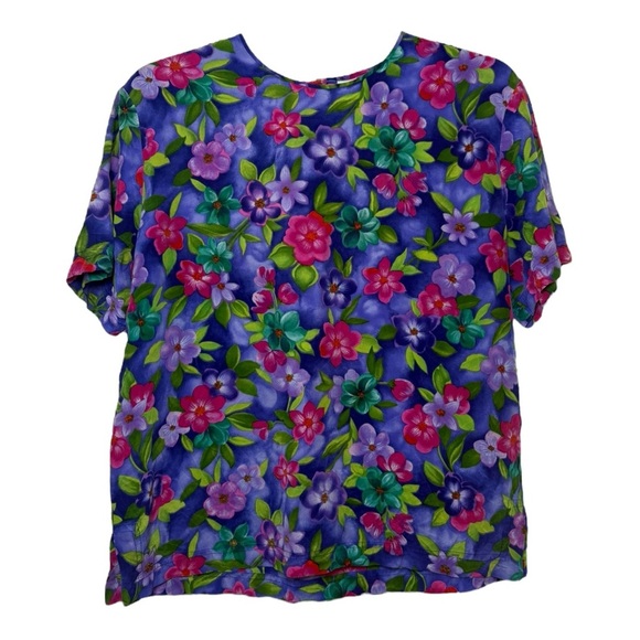 Vintage 90s Silk Floral Shirt Top Size 8 Petite Purple Pink - Picture 9 of 9